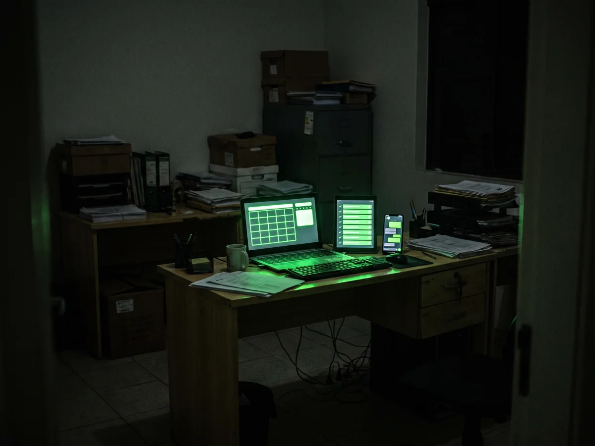 Escritório vazio à noite com notebook, tablet e celular trabalhando sozinhos