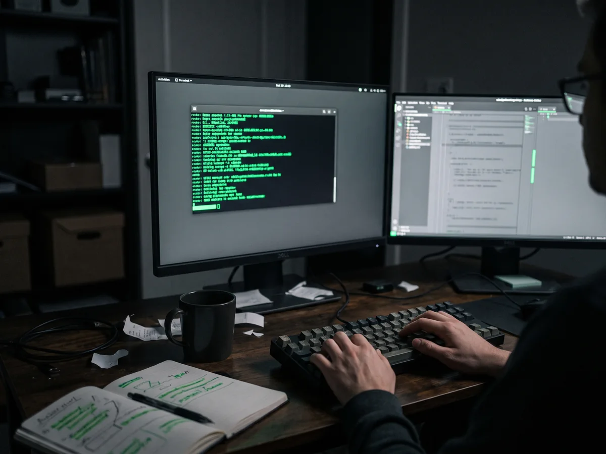 Estação de trabalho de desenvolvedor com terminal e editor de código