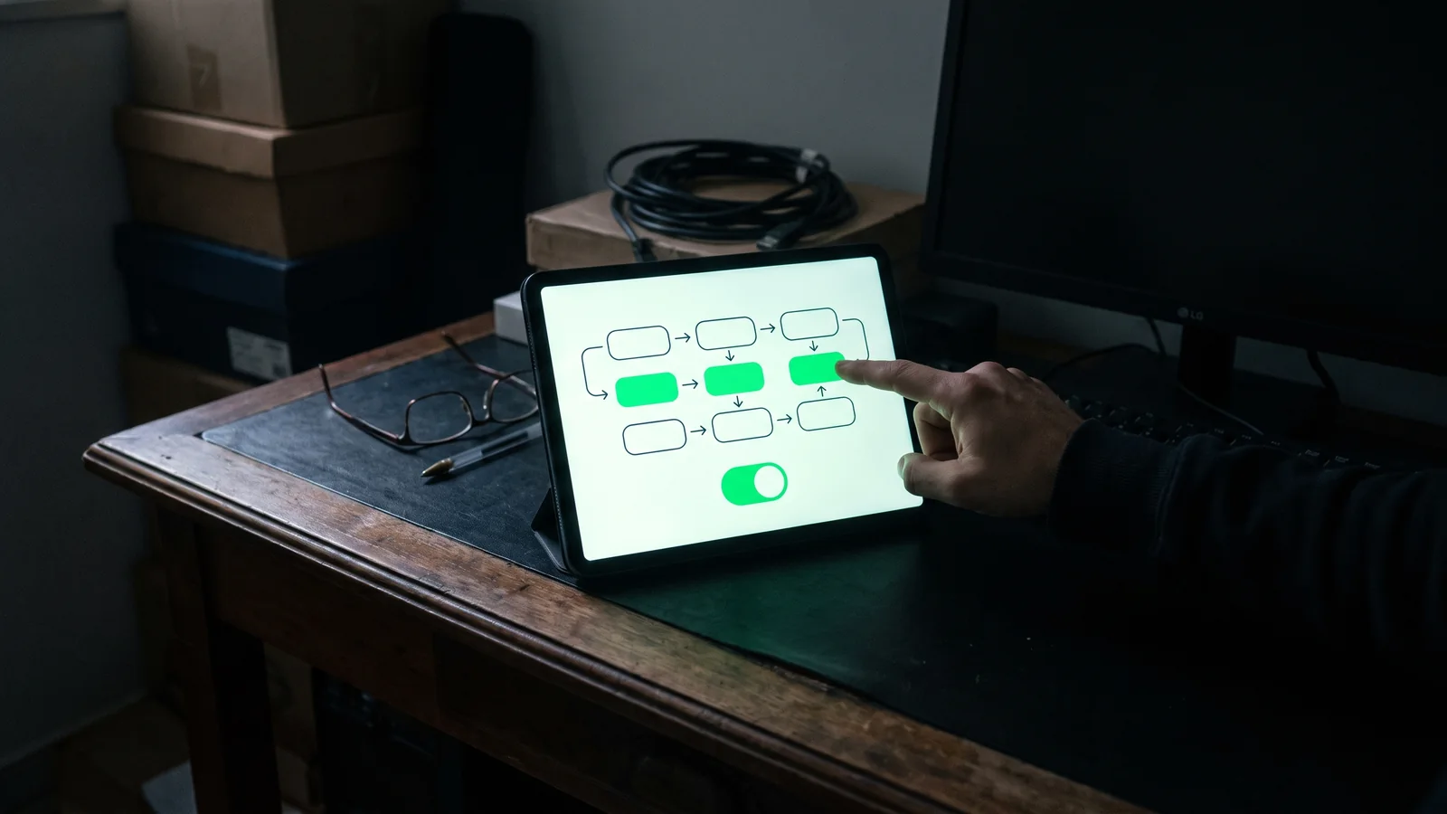 Tablet mostrando o desenho do fluxo do sistema, aprovado antes do preço