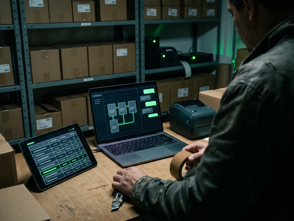 Estoque de distribuidora com notebook e tablet mostrando os sistemas integrados