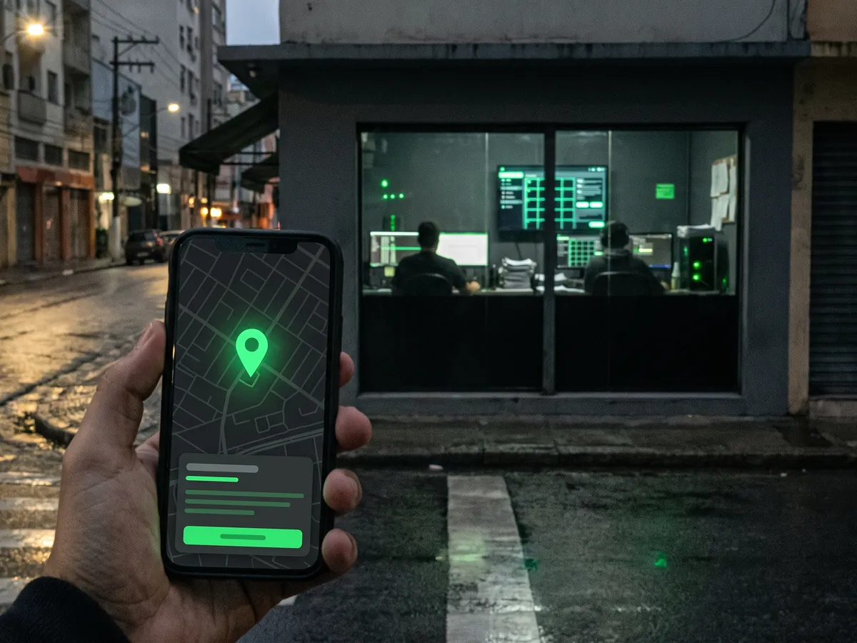 Fachada de loja à noite e celular mostrando o pino de localização no mapa