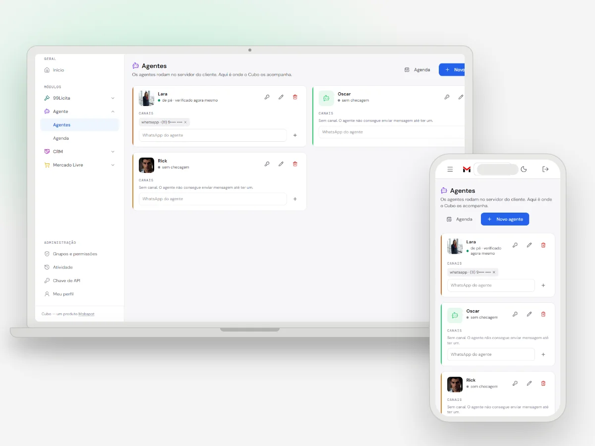 Cubo, módulo Agente: o painel dos agentes de IA no notebook e no celular — print real