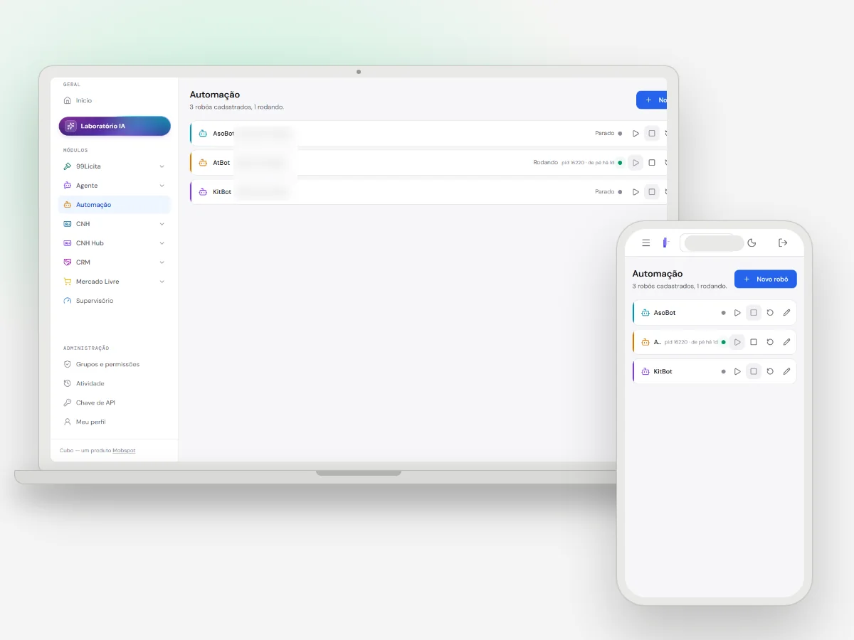 Cubo, módulo Automação: o painel dos robôs no notebook e no celular — print real