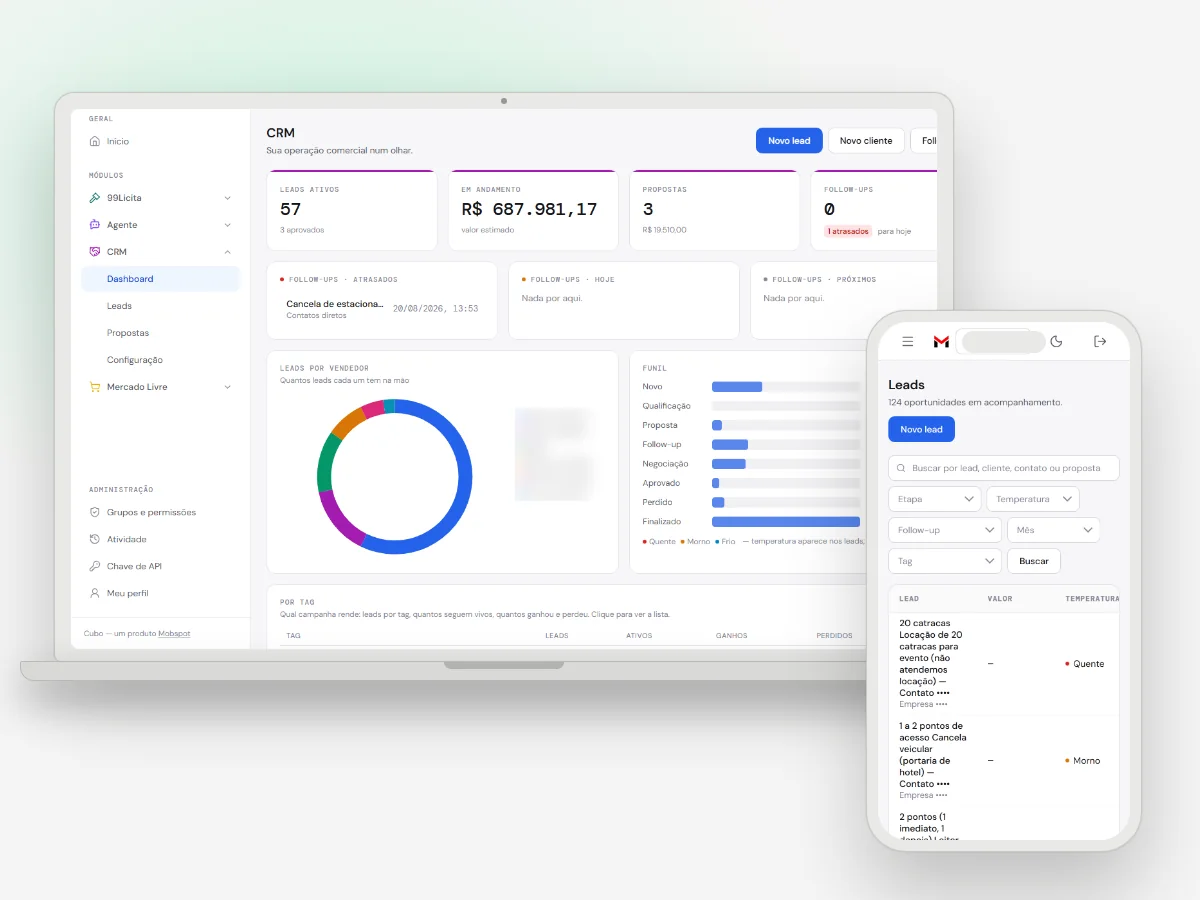 Cubo, módulo CRM: o dashboard no notebook e a lista de leads no celular — print real