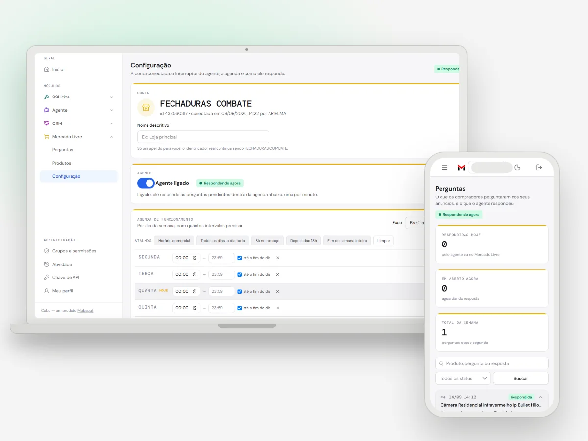 Cubo, módulo Mercado Livre: a Configuração do agente no notebook e a tela Perguntas no celular — print real